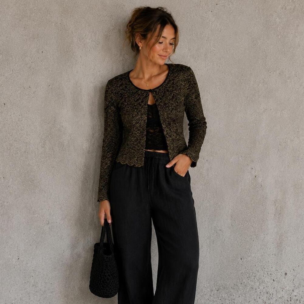 Connected Apparel Gold Black Floral Lace Cardigan Metallic Brocade Jacket M